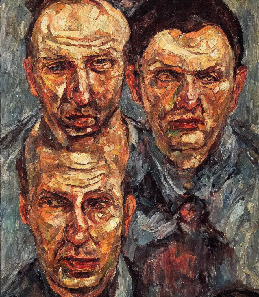 Image similar to head shot of a russian man in the style of lucian freud self portrait. oil painting, thick brush strokes.