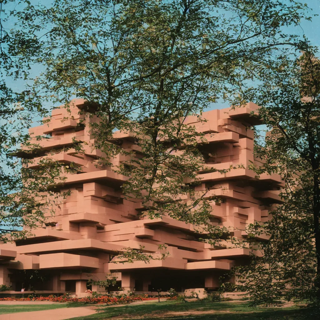 Prompt: photo of a Frank Lloyd Wright building made of LEGO, 50mm, pentax, film