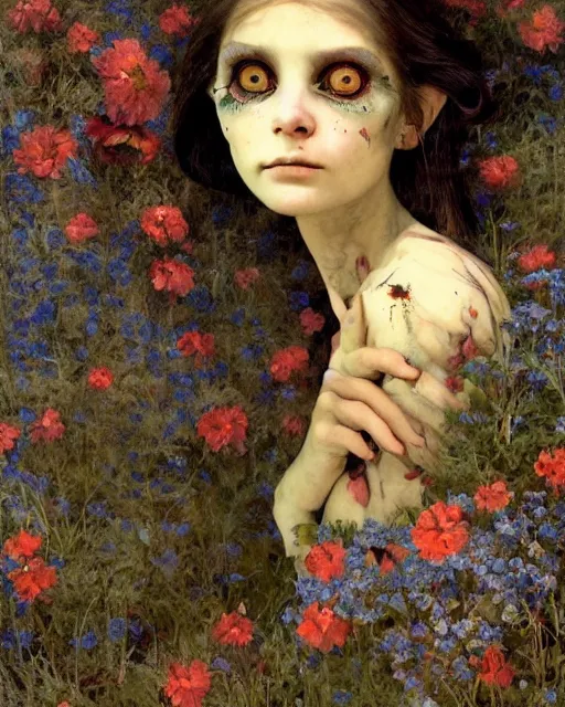 Prompt: a pretty but sinister and creepy goblin in layers of fear, with haunted eyes, violence in her eyes, 1 9 7 0 s, seventies, delicate embellishments, a little blood, woodland, blue dawn light shining on wildflowers, painterly, offset printing technique, by walter popp, alexandre cabanel