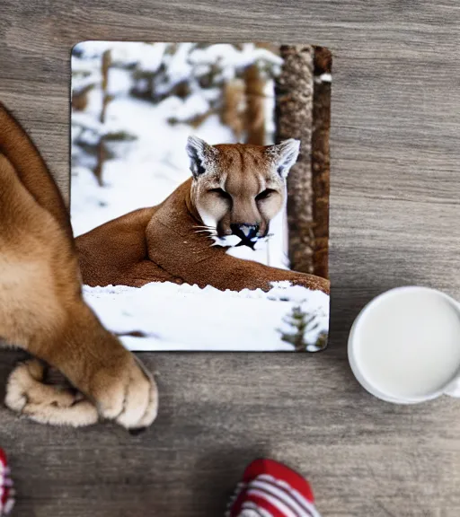 Prompt: postcard showing 'a cougar sleeping in the middle of snowy pine tree' laying on coffee table and ripped up, zoomed out shot, HD, iphone capture