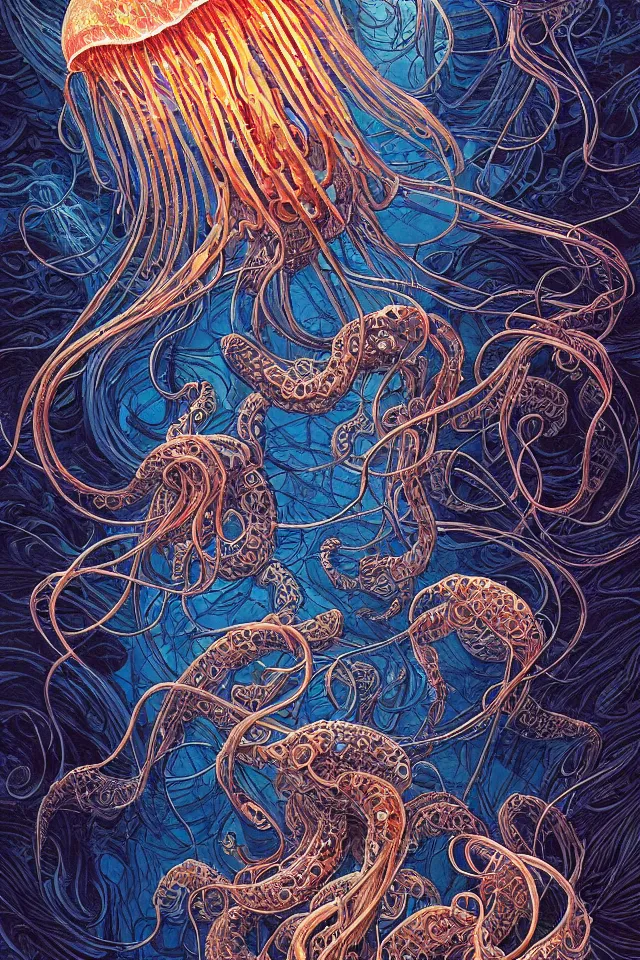 Prompt: a beautiful hyperrealistic ultradetailed comic cover art of gigantic glowing complex multi-layered intricate jellyfish creatures with long flowing tendrils, by Justin Gerard and Laurie Greasley and Peter Mohrbacher and Dan Mumford, tarot card art, detailed shading, micro details, dramatic lighting, volumetric lighting, 8k