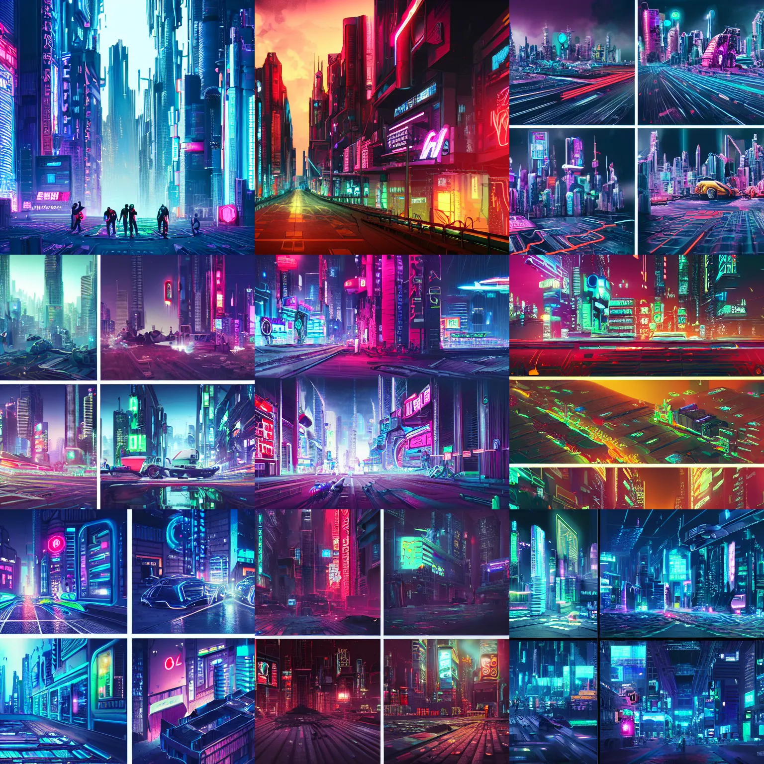 Prompt: detailed neon cyberpunk city, top and side view, many disassembled cyborgs and androids and humans walk the streets, futurism, future, intricate detail, cinematic, comic with clouds of conversation, 8 k