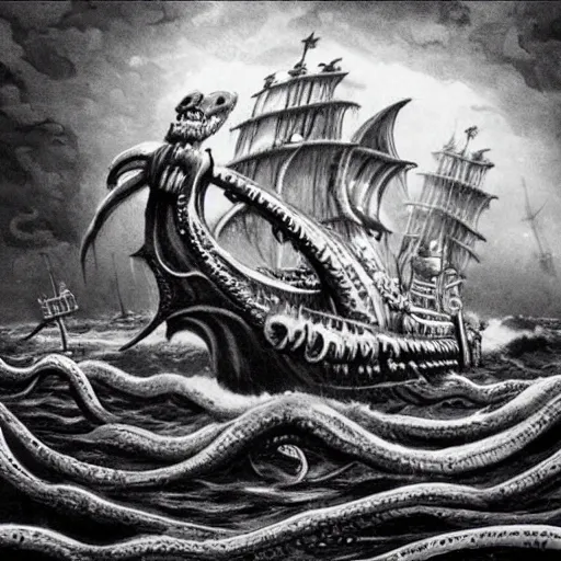 Image similar to kraken breaking a pirate ship, lovecraftian, horror, dark, scary, fantasy