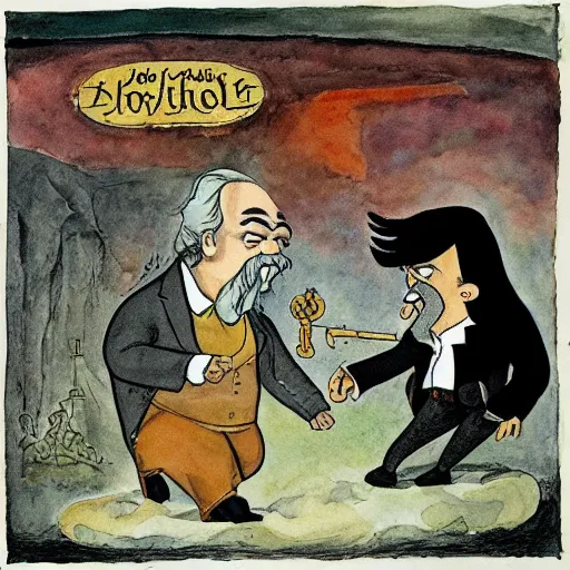 Prompt: the epic battle between Jordan Peterson and Karl Marx, stylised watercolour painting by William Blake and Matt Groening