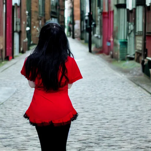 Image similar to a pale emo girl, messy black and red hair, waist length, british street background, flickr, 2 0 0 6