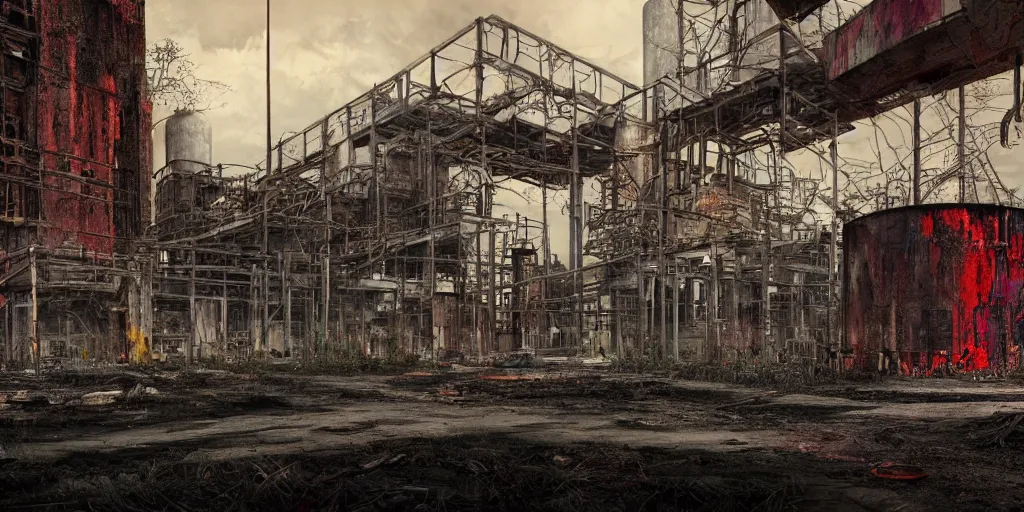 Prompt: long exposure photograph of dilapidated carbon capture facility, Rural Canada, detailed textures, hyper realistic, vibrant colors, cinematic lighting, graffiti art style, climate change, digital art painting by greg rutkowski and RIdley Scott, cinematic, concept art, 35mm grain filter, artstation