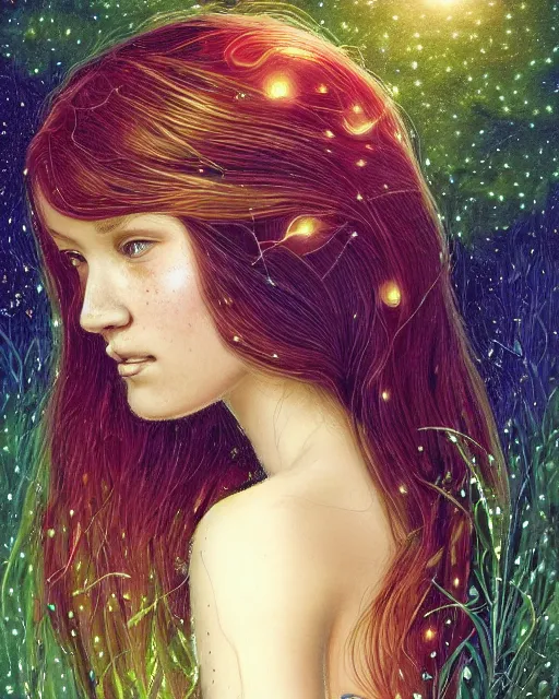 Image similar to a young woman, admiring the lights of golden fireflies, sitting in the midst of nature fully covered, long loose red hair, intricate linework, green eyes, small nose with freckles, oval shape face, soft happy smile, realistic, expressive emotions, mystical scene, hyper realistic ultrafine detailed illustration by james jean, albert bierstadt and artgerm