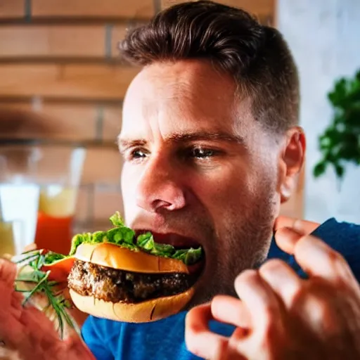 Image similar to a real man eating a real burger in real life