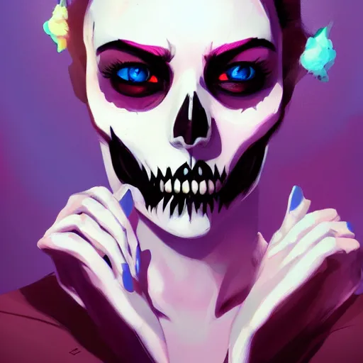 Prompt: a portrait of a girl skull face, american beauty, in the style of artgerm, charlie bowater, atey ghailan and mike mignola, vibrant colors and hard shadows and strong rim light, plain background, comic cover art, trending on artstation