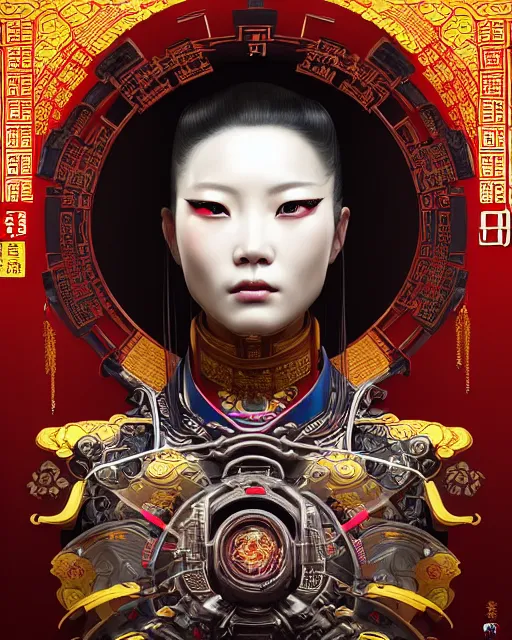 Image similar to portrait of a chinese cyberpunk machine, machine face, upper half portrait, decorated with chinese opera motifs, regal, asian, fine china, wuxia, traditional chinese art intricate intense elegant 京 剧 highly detailed digital painting artstation concept art smooth sharp focus illustration, art by artgerm and greg rutkowski alphonse mucha 8 k