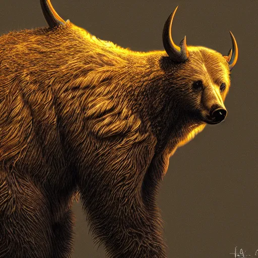 Prompt: photorealistic mystical horned bear in the style of michael whelan and gustave dore. hyperdetailed photorealism, 1 0 8 megapixels, amazing depth, glowing rich colors, powerful imagery, psychedelic overtones, 3 d finalrender, 3 d shading, cinematic lighting, artstation concept art