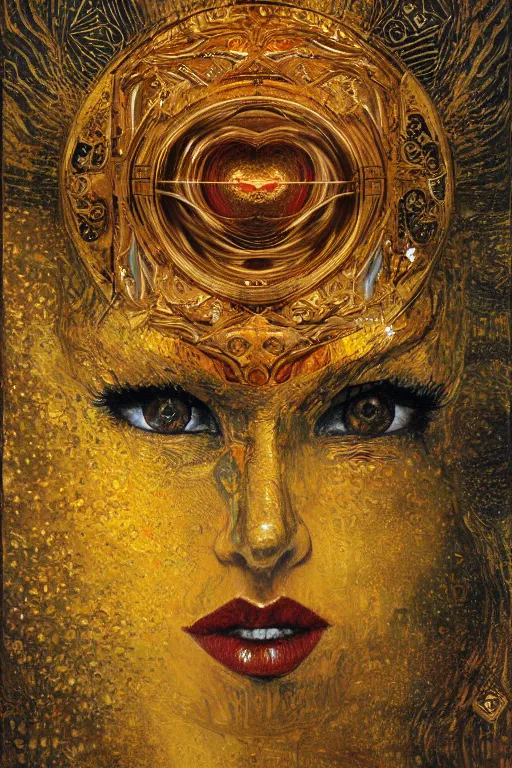 Image similar to The Heart of Gold by Karol Bak, Jean Deville, Gustav Klimt, and Vincent Van Gogh, otherworldly, fractal structures, arcane, prophecy, ornate gilded medieval icon, third eye, spirals