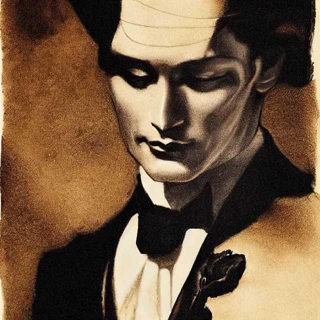 Image similar to photorealistic sepia full - head portrait of a 1 9 2 0 s era smirking male occultist, well dressed, long - tailed tuxedo coat, atmospheric lighting, dark, brooding, painted, intricate by frank frazetta, ultra detailed, well composed, best on artstation, cgsociety, epic, stunning, gorgeous, intricate detail, much wow, masterpiece