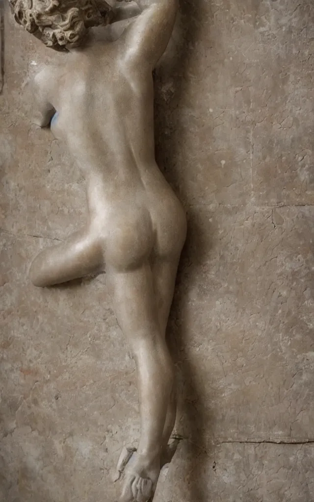Image similar to detailed photo of old bronze patina statue of gorgeous pinup, character emerges from the castle white marble wall, super highly detailed, full body view, various poses, the statue is inside the versailles castel, photorealism, intricate detail, museum diffuse lighting, autumn sunlights