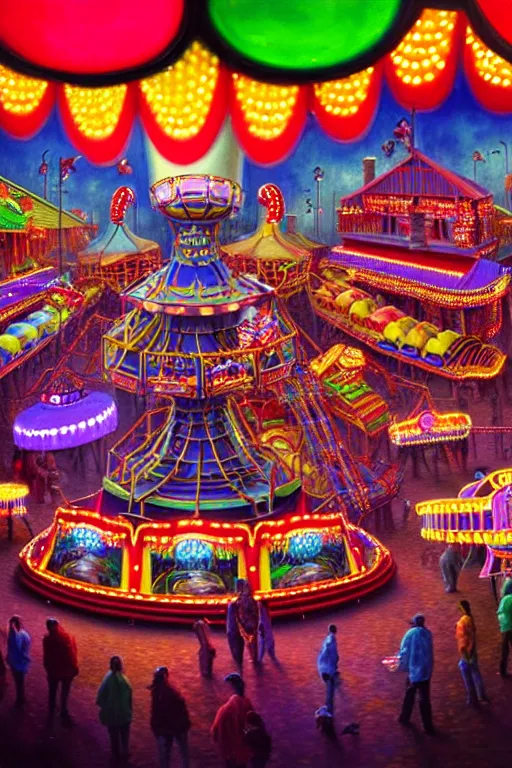 Prompt: a hyperrealistic detailed painting of an ornate carnival in town with rides, glowing lights, colorful, chimeric horror creatures riding a rollercoaster. cinematic lighting, depth perspective, depth of field, cinematic angle, by chris cunningham and richard corben, highly detailed, vivid color,