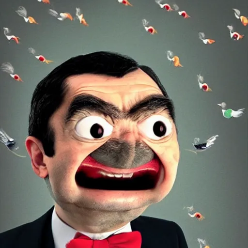 Image similar to angry mr. bean with his mouth wide open flapping his bird wings, thousands of little mr. beans are chasing him, fear panic, restlessness