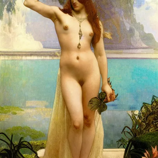 Image similar to Demon Girl at the palace, refracted sparkles, thunderstorm, greek pool, beach and Tropical vegetation on the background major arcana sky, by paul delaroche, alphonse mucha and arnold böcklin, hyperrealistic 8k, award-winning, very very very detailed