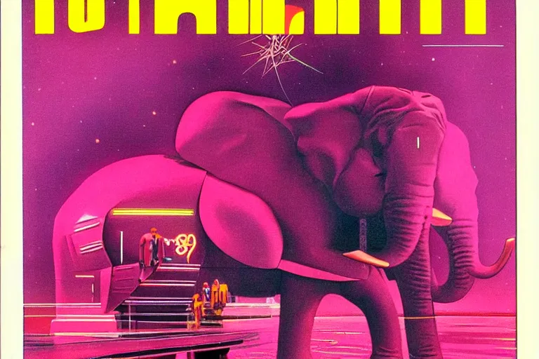 Image similar to 1979 OMNI Magazine Cover of a pink elephant. in cyberpunk style by Vincent Di Fate