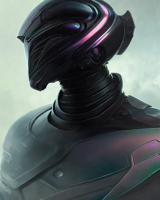 Image similar to iridescent sinewy smooth muscular male sleek glossy black pearlescent scifi armor with smooth black featureless helmet, by greg rutkowski, mark brookes, jim burns, tom bagshaw, magali villeneuve, eve ventrue, trending on artstation