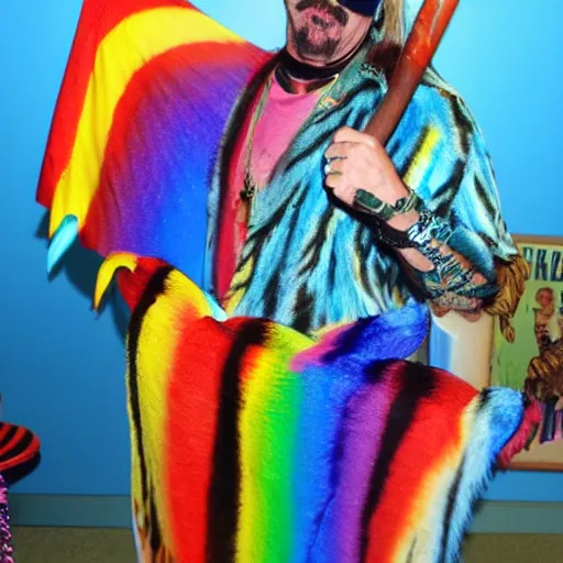 Prompt: joe exotic with bat wings flying over rainbow colored tigers. ethereal