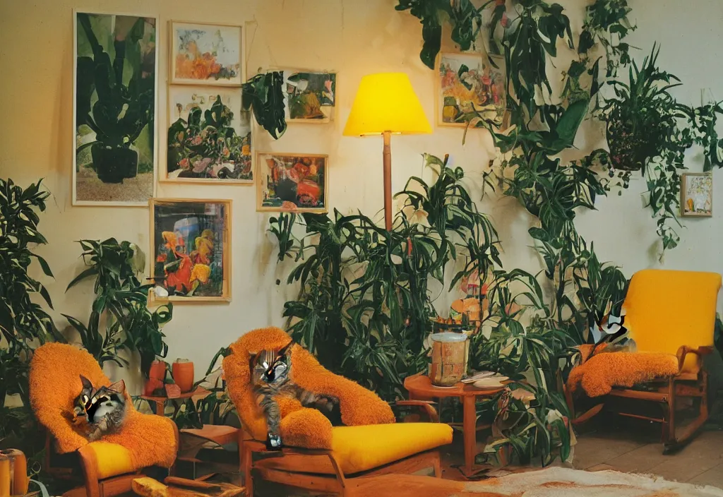 Prompt: 1970s interior magazine photo of two yellow armchairs with a glowing lava lamp next to it, at dusk, with kittens in the chairs, wooden walls with framed art, and a potted cactus and some hanging plants, with dappled light