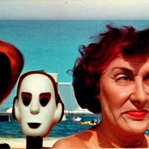 Prompt: 1976 middle aged woman wearing a transluscent inflatable toy head at the seaside 1976 French film archival footage technicolor film expired film 16mm Fellini new wave John Waters