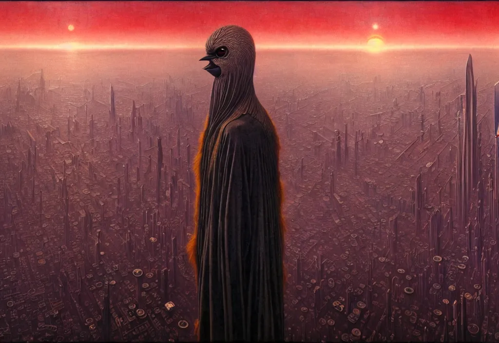 Image similar to realistic detailed portrait movie shot of a birdman wearing dark ragged robes, futuristic city sunrise landscape background by denis villeneuve, jean delville, yves tanguy, alphonse mucha, ernst haeckel, max ernst, roger dean, rich moody colours, cinematic closeup