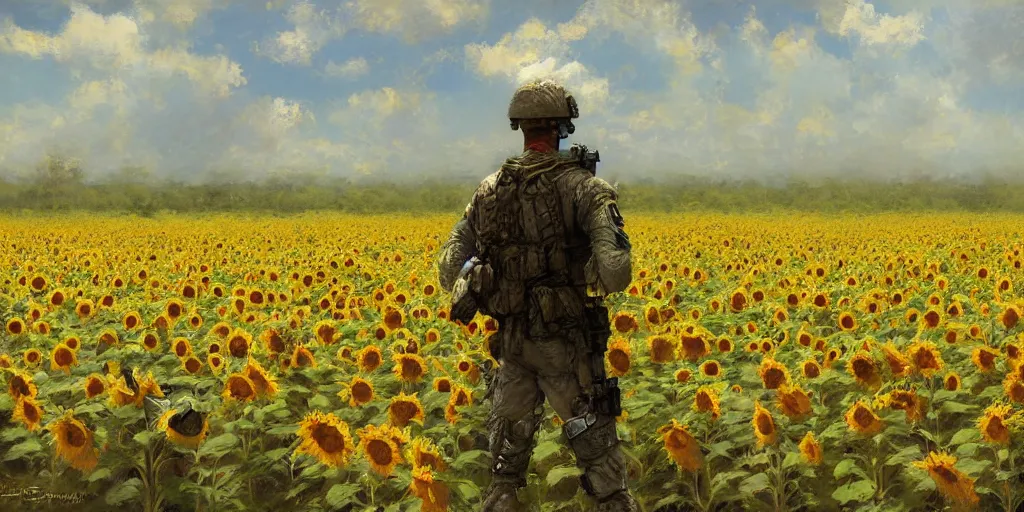 Image similar to Special forces soldier stands in a sunflower field by Daniel F. Gerhartz and Craig Mullins