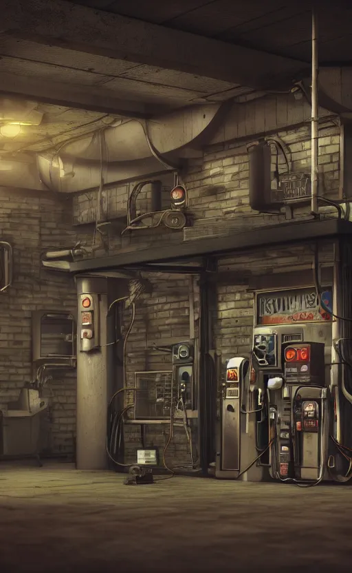 Image similar to steampunk gas station, garage, closeup, 4 k, polished, photorealistic, hard edges, zoomed in, very coherent, sharp focus, rim light, exquisite lighting, hard edges, sci - fi, cinematic, octane render