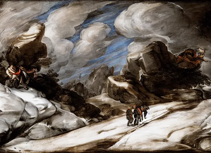 Prompt: two men hiking up a massive stoney mountain in the midst of a white our blizzard, windy, snow, breathtaking, digital art, in the style of tintoretto