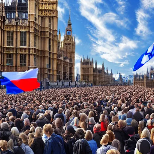 Image similar to a picture of westminster with a gigantic crowd of protestors on the street, the sky is blue and everyone is holding russian signs wide shot hyperrealistic photography 7 0 mm