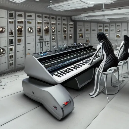 Prompt: huge audio production station interconnected with human female in the style of h.r. giger, keyboards, synthesizers, airbrush, canvas, biomechanical, surreal, nightmarish, cold, 8k, highly detailed, ultra-realistic, octane render,