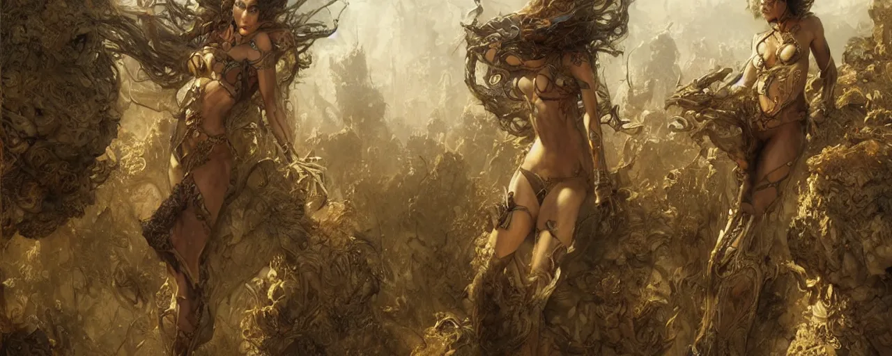 Image similar to fierce woman in the fractal, ultra realistic, concept art, intricate details, highly detailed, wide angle, by andrew robinson, gaston bussiere, craig mullins, simon bisley