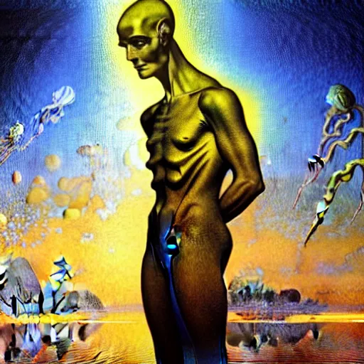 Image similar to realistic extremely detailed portrait painting of a glowing male silhouette, futuristic sci-fi landscape on background by Jean Delville, Amano, Yves Tanguy, Alphonse Mucha, Ernst Haeckel, Edward Robert Hughes, Roger Dean, rich moody colours, blue eyes