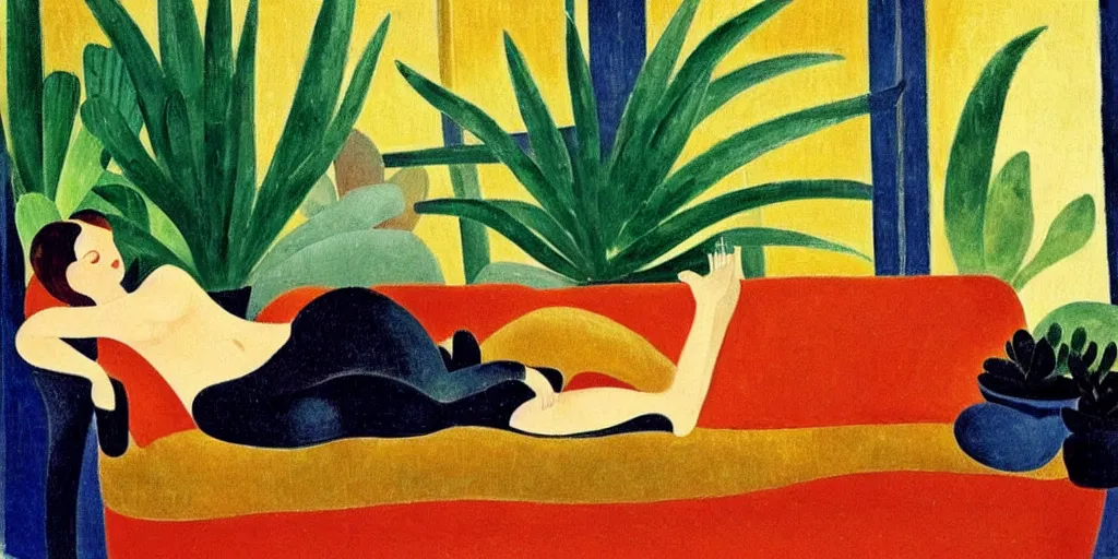 Prompt: A cozy, warm living room, bathed in golden light, with many tropical plants and succulents, a figure is resting on an old couch, highly relaxing, sunday afternoon, living the good life, at peace, by André Derain
