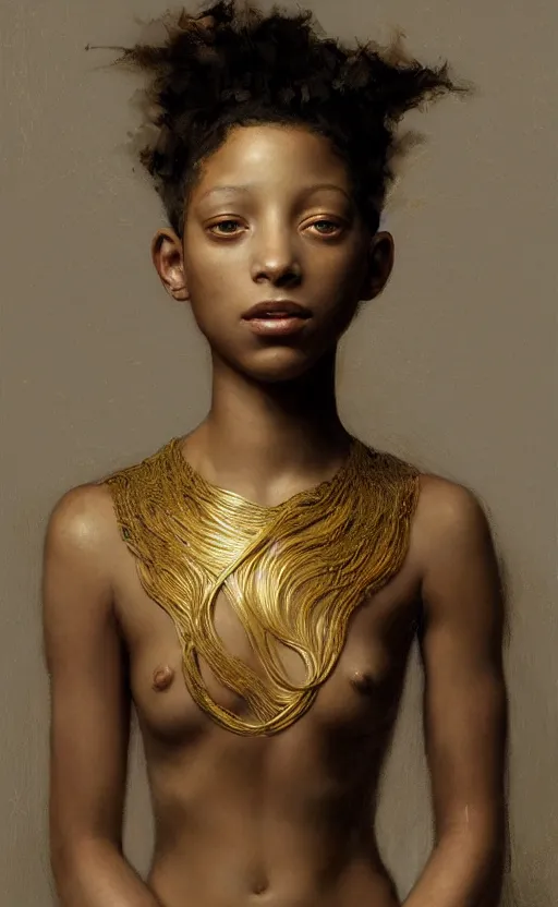 Prompt: portrait willow smith, gold barechest, intricate, elegant, highly detailed, artstation, concept art, sharp focus, ruan jia, jurgens, orientalism, bouguereau