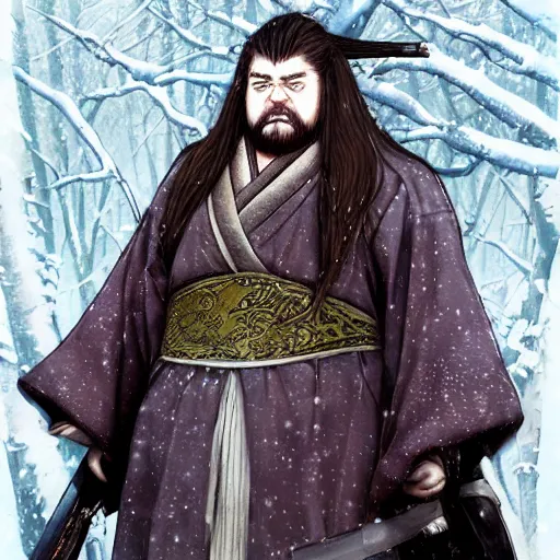 Image similar to detailed portrait of hagrid samurai with swords and steampunk rifles, in snow forest sakura cherry blossom, hakama kimono, trending on artstation elite, elegant, luxury, by krenz cushart, junji ito, takato yamamoto, perfect face, fine details, realistic shaded, fine - face, pretty face