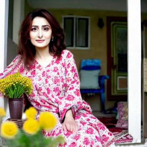 Image similar to a beautiful portrait of the turkish actress rabia soyturk, duy beni serial, sitting on the porch holding a flower, in front of the house