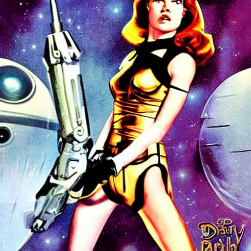Prompt: Daisy Ridley as Barbarella movie poster. Illustration. 1968.