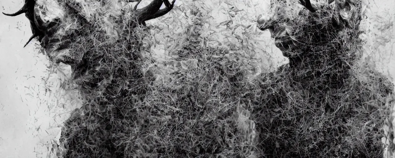 Prompt: mysterious scene of tyrolean farmer transforming into hay man with horns, smirking, long tongue, roots and edelweiss growing out of the body 35mm double-exposure photo, deep shadows, german expressionism, noir, slightly colorful, photorealistic, detailed smoke, natural bones and skin, natural textures, depth of field, ambient occlusion, motion blur, HD, masterpiece, volumetric, chromatic aberration by Richard Avedon, style of Ade Santora, perfect composition, masterpiece, intricate detailed