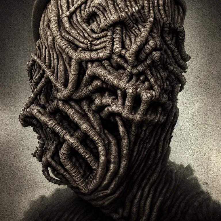 Prompt: ribbed man face portrait, covered with tubes, baroque painting, standing in a desolate empty wasteland, creepy, nightmare, dream-like heavy atmosphere, surreal abandoned buildings, beautiful detailed intricate insanely detailed octane render trending on Artstation, 8K artistic photography, photorealistic, chiaroscuro, Raphael, Caravaggio