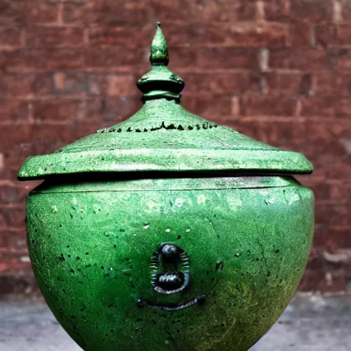 Image similar to a black cauldron filled with a magical green glowing potion standing in an old wilden desk, medieval, dark brown white green colours, mysterious, very detailed, realistic