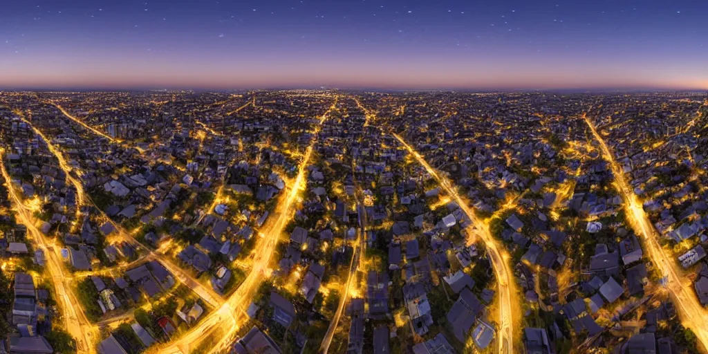 Image similar to Night view of suburb streets and residential apartment buildings in the distance. 3d spherical panorama with 360 viewing angle ready for virtual reality or vr. full equirectangular projection. sightseeing. full moonlit sky