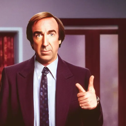 Image similar to a photogrpah still of Saul goodman starring in a 1990s sitcom, 15mm