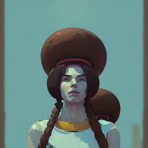 Image similar to portrait of the mushroom goddess by atey ghailan, by greg rutkowski, by simon stalenhag, by greg tocchini, by james gilleard, by joe fenton, by kaethe butcher dynamic lighting, gradient light blue, brown, blonde cream and white color scheme, grunge aesthetic