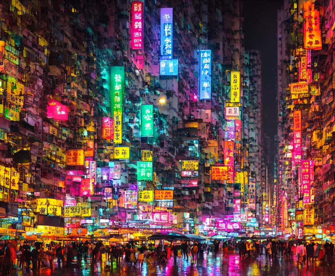 Image similar to neo hong kong, rainy atmosphere, night time, bright lights, colorful signs, busy streets, high res, kowloon