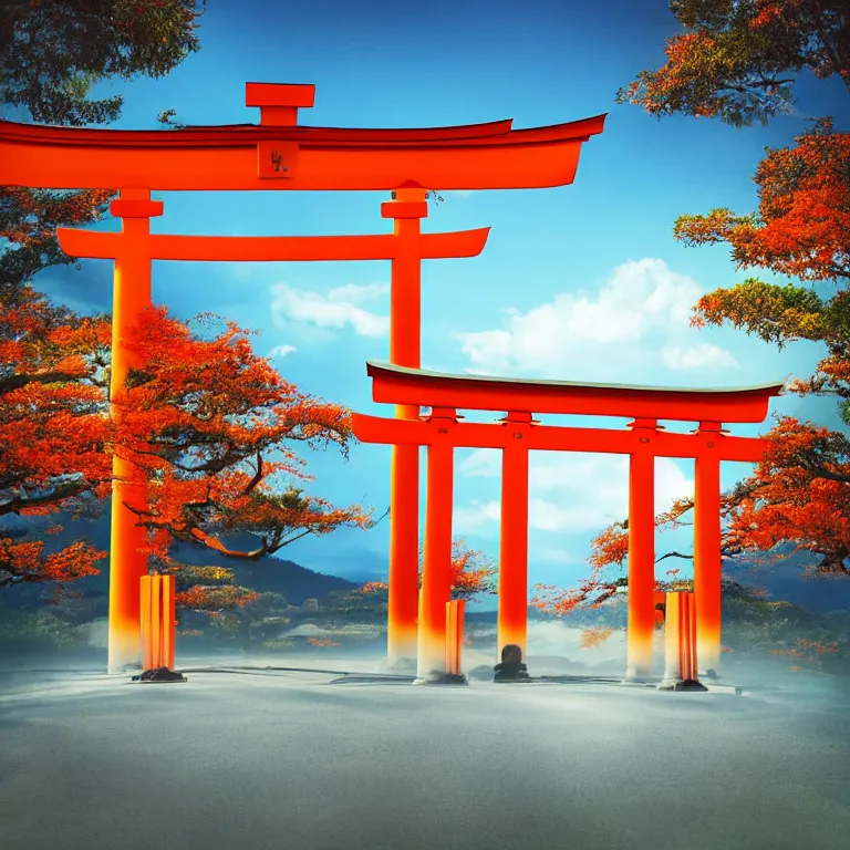 Prompt: incredibly cool album cover, depiciting a beautiful futuristic torii shinto shine, centered symmetrical, 4k ultra, trending, modern color scheme