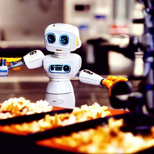 Prompt: Movie still of 'Future Science Apocalypse' (1990). Robot chef preparing food. Sigma 85mm f/1.4