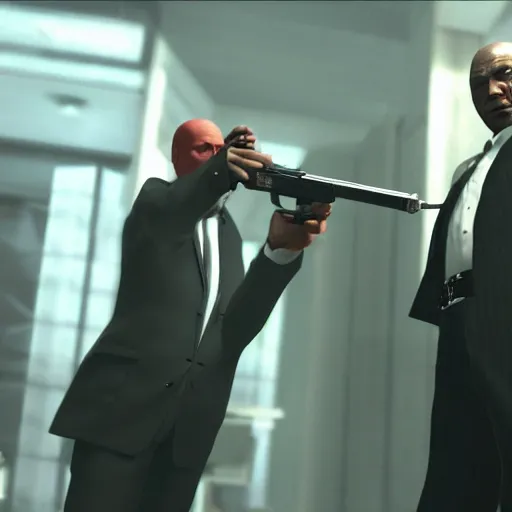 Image similar to morgan freeman being eliminated by agent 47 in the videogame Hitman blood money (2005), screenshot, 4k