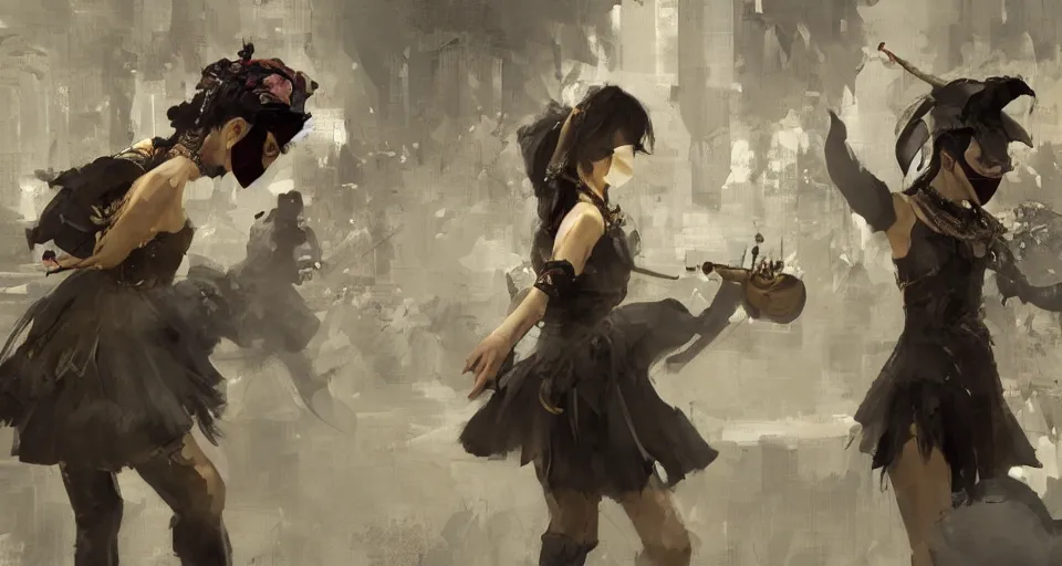 Prompt: craig mullins and ghibli digital art of on the stage, masked female violinists, exotic costumes, gold jewelry, black hair, solo performance realistic shading, cinematic composition, realistic render, octane render, detailed textures, photorealistic, wide shot